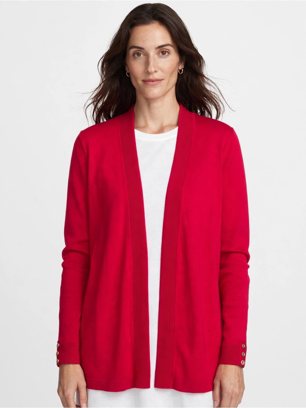Charter Club Red Open-Front Cardigan with Gold Accent Buttons